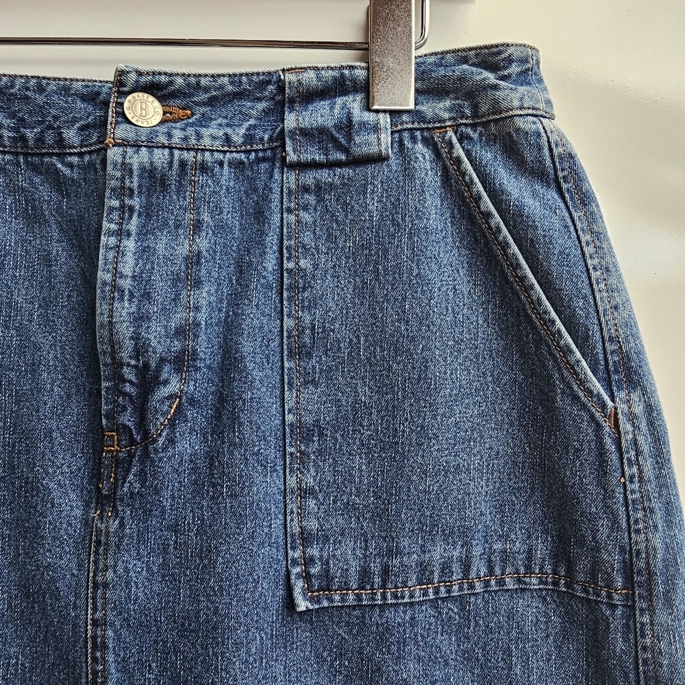 Vintage BASS Blue Denim Midi Skirt with Front Cargo Pockets Back Slit Size 6 - Picture 3 of 12